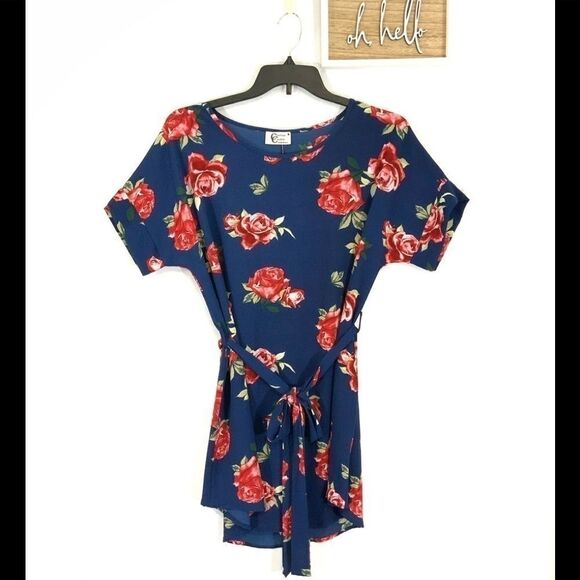 Christian Caliendo navy floral pull on dress S - Picture 1 of 5